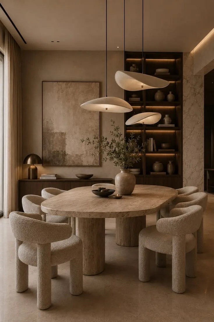Eetkamer met ronde travertijn tafel, zachte stoelen en drie organische hanglampen voor een verlichte wandkast