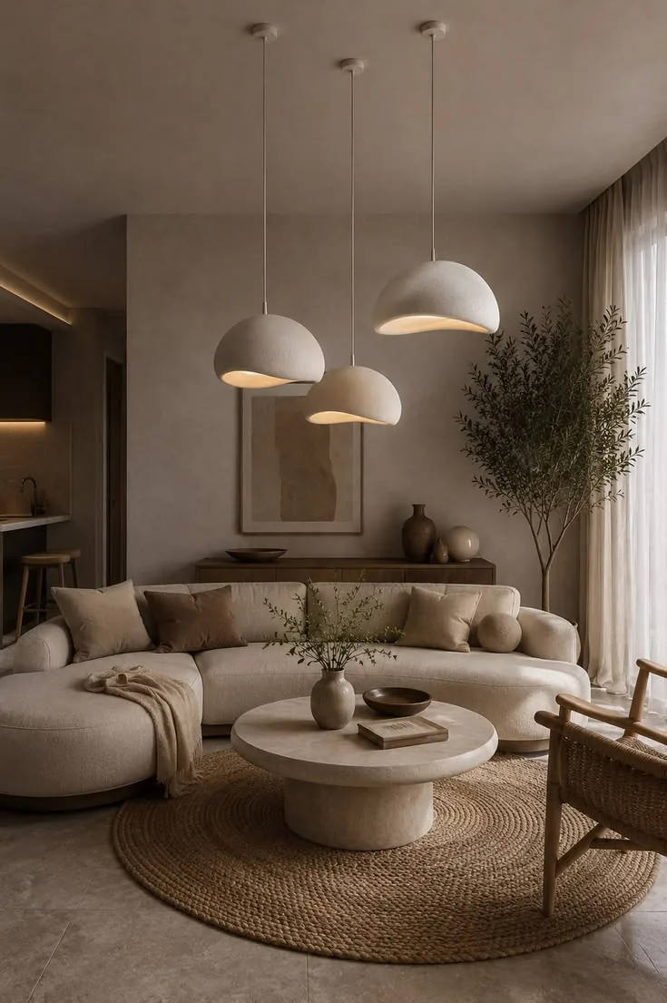 Woonkamer met ronde bank, drie keramieke hanglampen, rond jute vloerkleed en een grote olijfboom