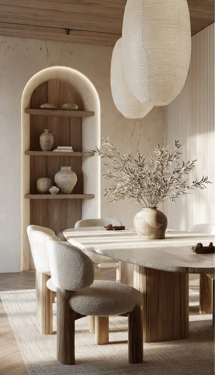 Eethoek met ronde tafel, bouclé stoelen, boogvormige wandnisch met vazen en een papieren hanglamp