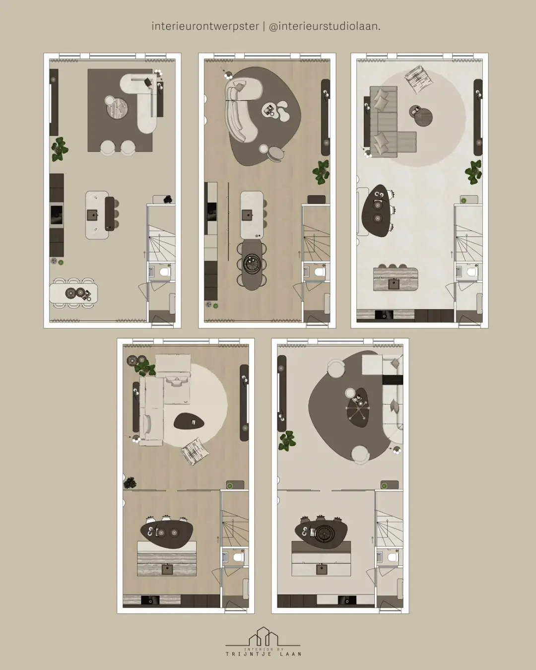 Vijf 2D-plattegronden met verschillende indelingsvarianten voor dezelfde woning