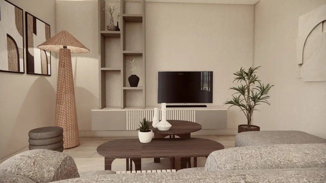 3D-visualisatie van een woonkamer met maatwerk tv-wand, rieten vloerlamp en ronde houten salontafel